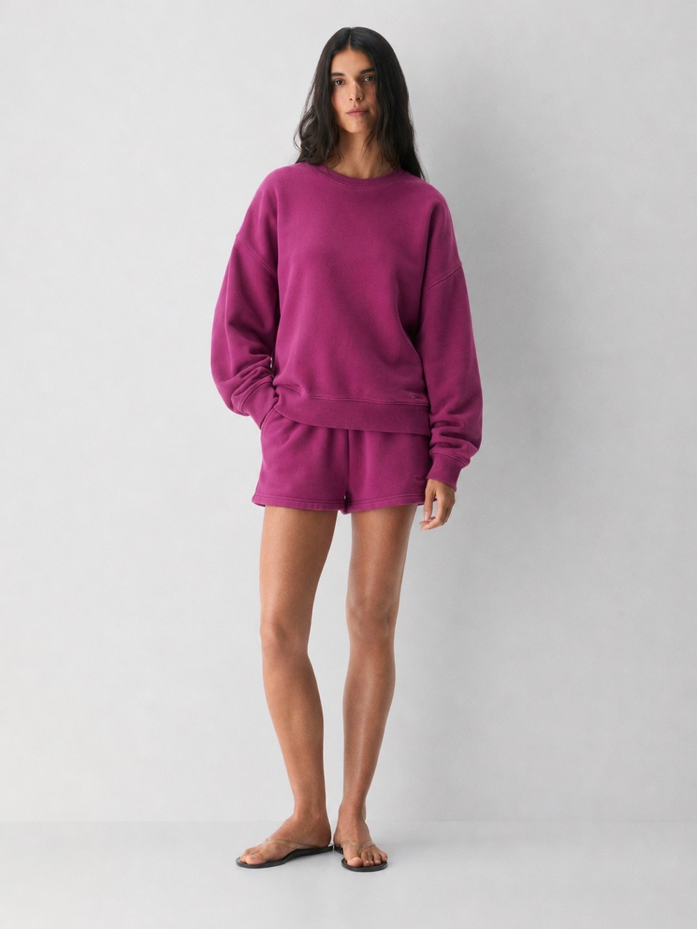 Aritzia TNA Cozy Fleece Perfect Crew Sweatshirt & Micro Shorts Set Magenta 2XS/S
